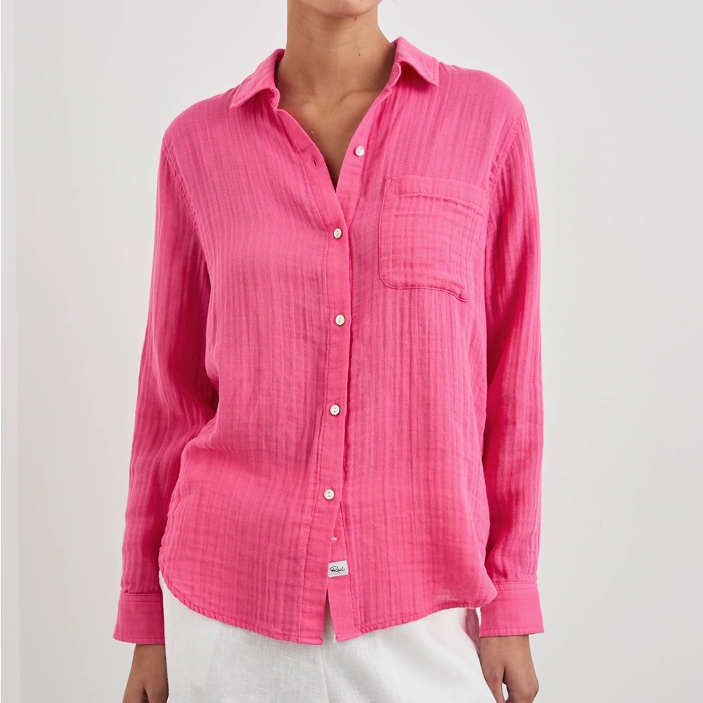 Rails Ellis Gauze Button Down Shirt Pink Hibiscus Organic Cotton M - Picture 2 of 11